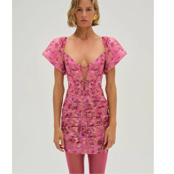 NWT FOR LOVE AND LEMONS BLURRED ROSES PINK MINI DRESS W/GOLD METALLIC LF SIZE S - Picture 1 of 8